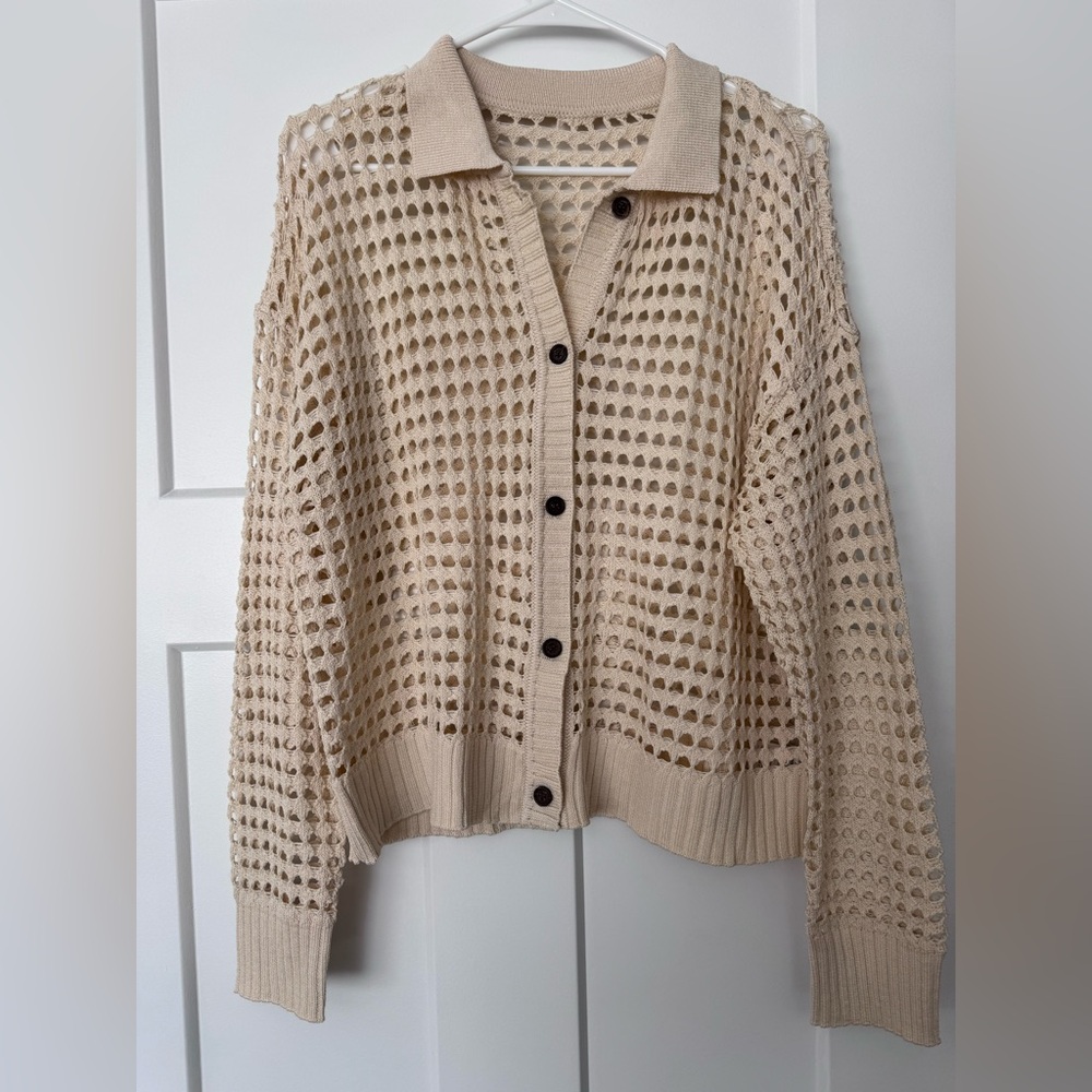Beige Open-Knit Button-Front Women's Sweater Cardigan